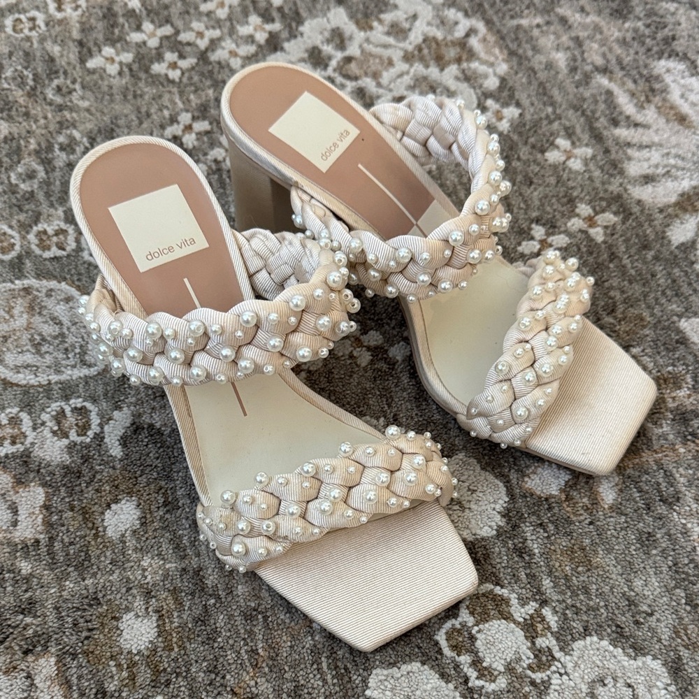 Dolce Vita Pearl-Embellished Cream Heels